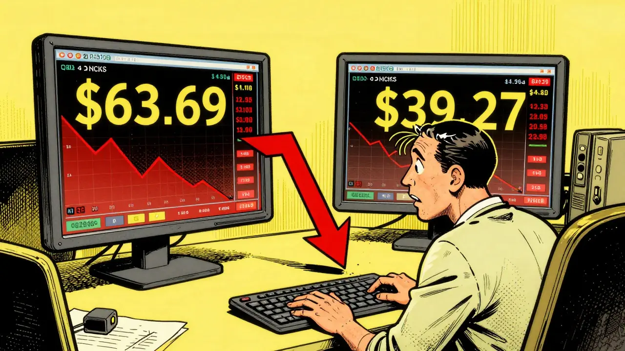 A confused trader looking at two different cryptocurrency prices on holographic screens.