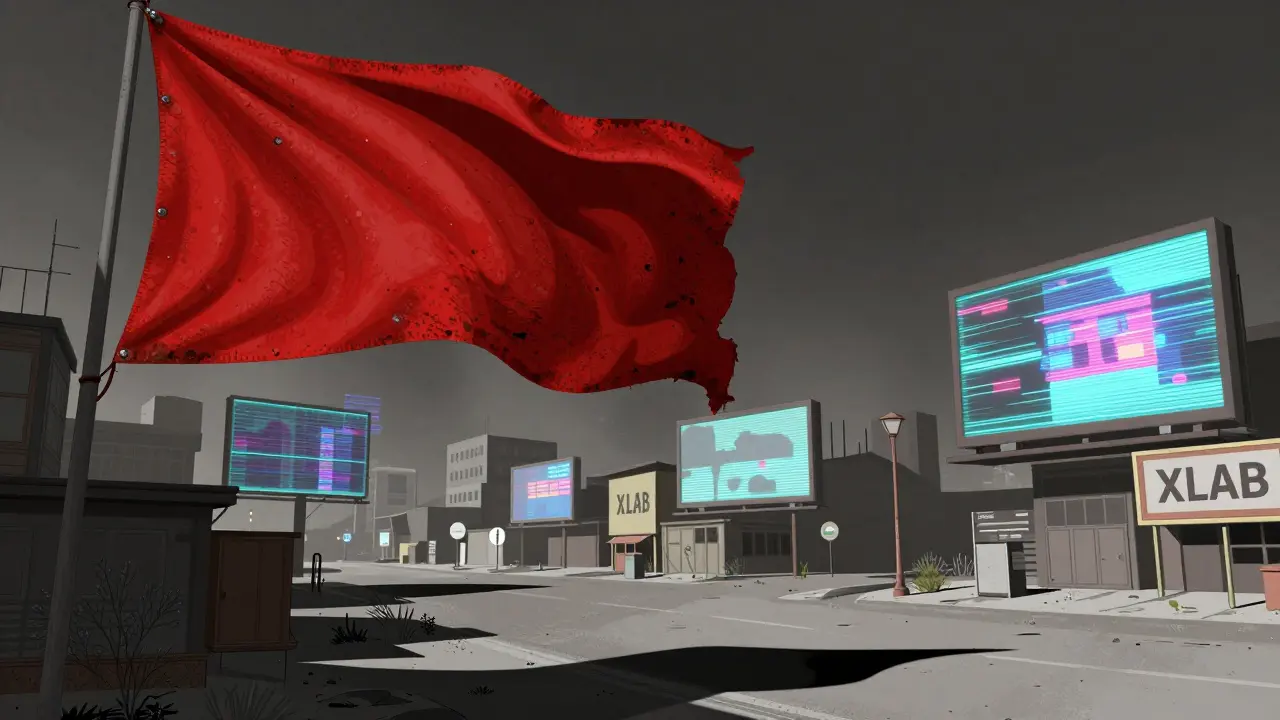 A desolate digital city with a large red warning flag and glitching holograms.