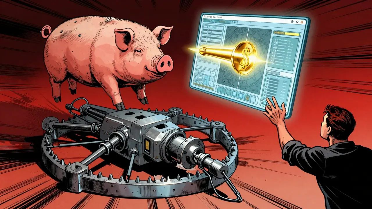 A digital profit lure above a hidden mechanical steel trap symbolizing a scam.