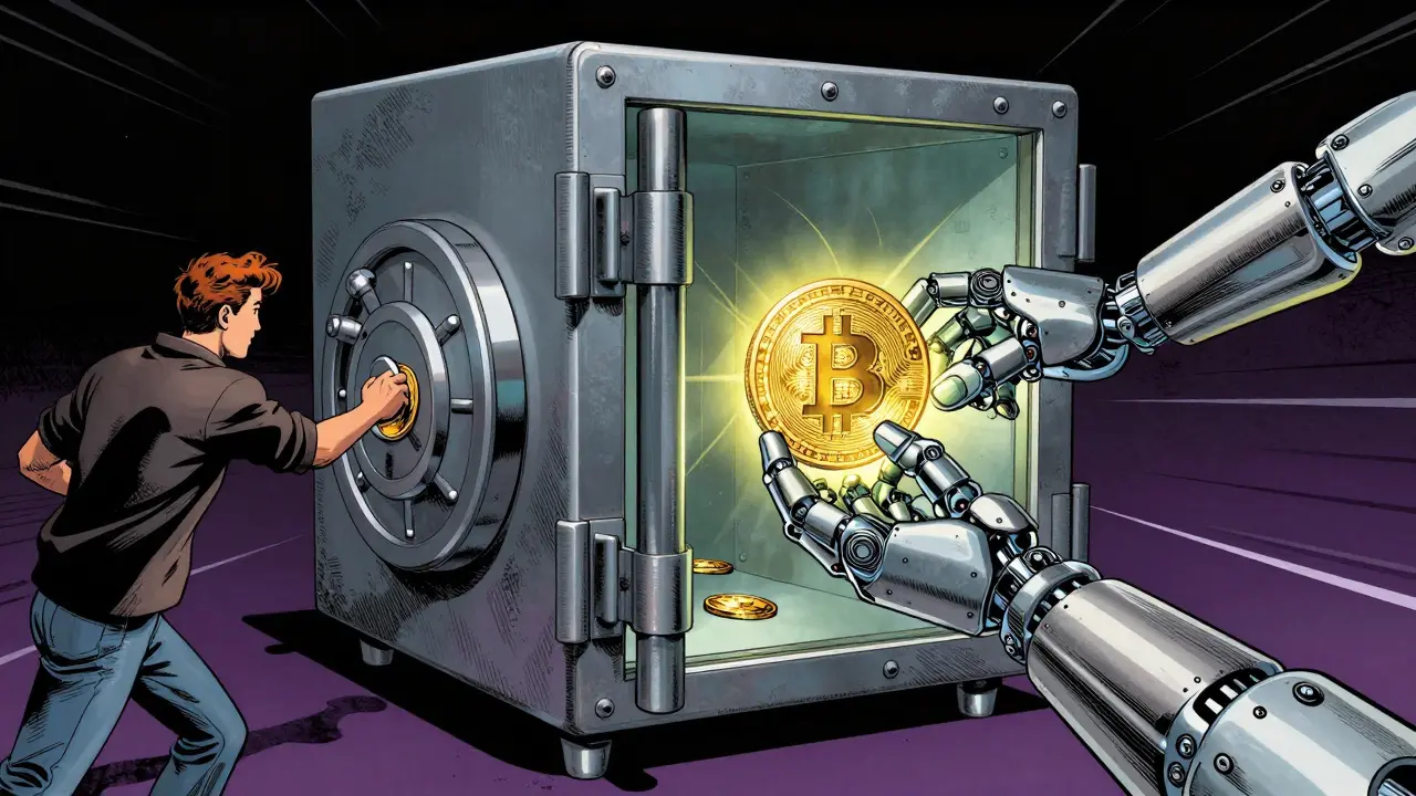 A digital vault illustrating a secure escrow process between a buyer and seller