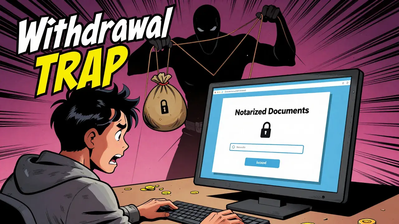 A frustrated user facing a locked account while a shadowy figure steals their funds in the background.