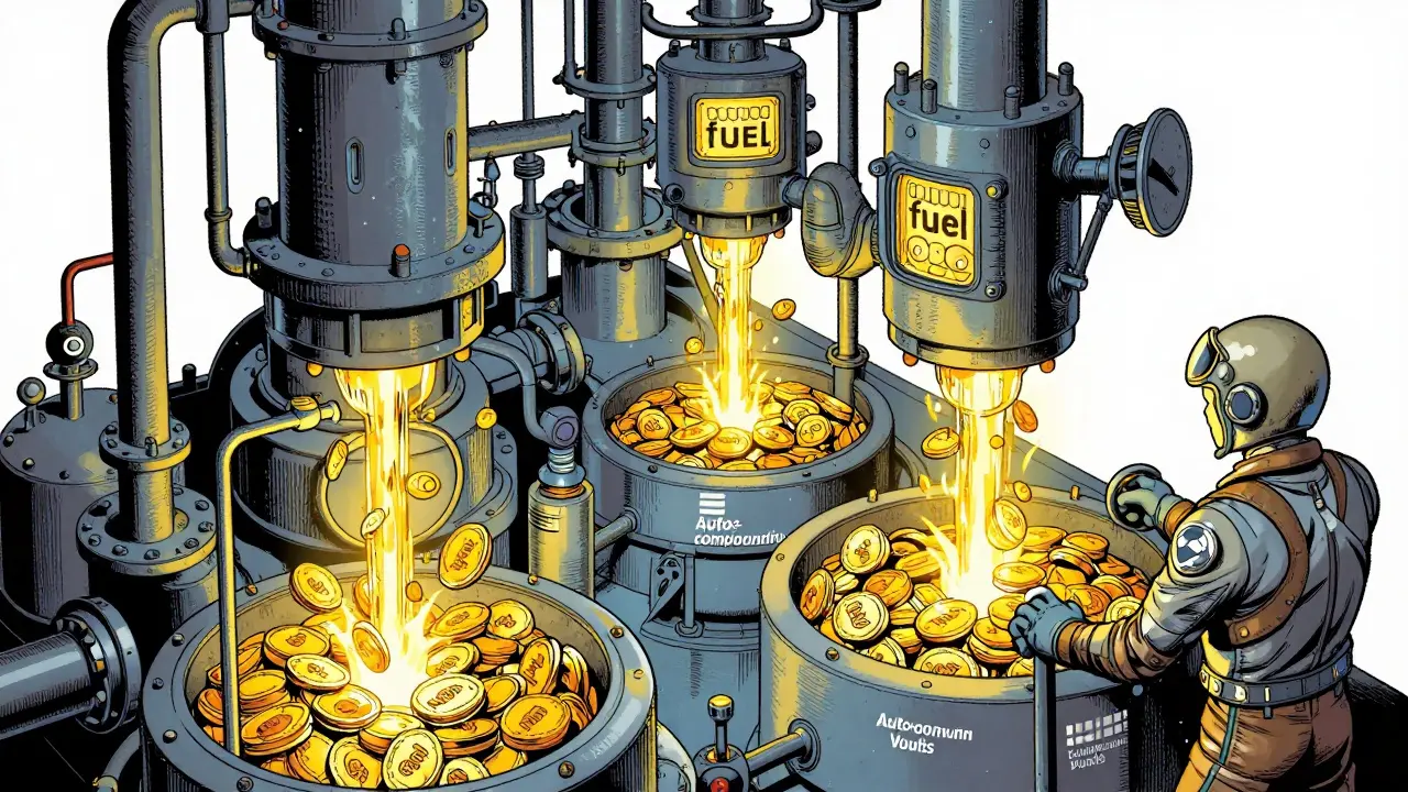 A futuristic refinery machine processing tokens into liquidity pools and vaults.
