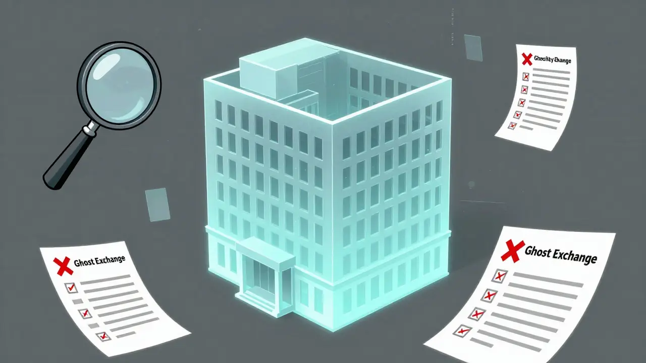 A ghostly, transparent corporate building symbolizing a fake crypto exchange.