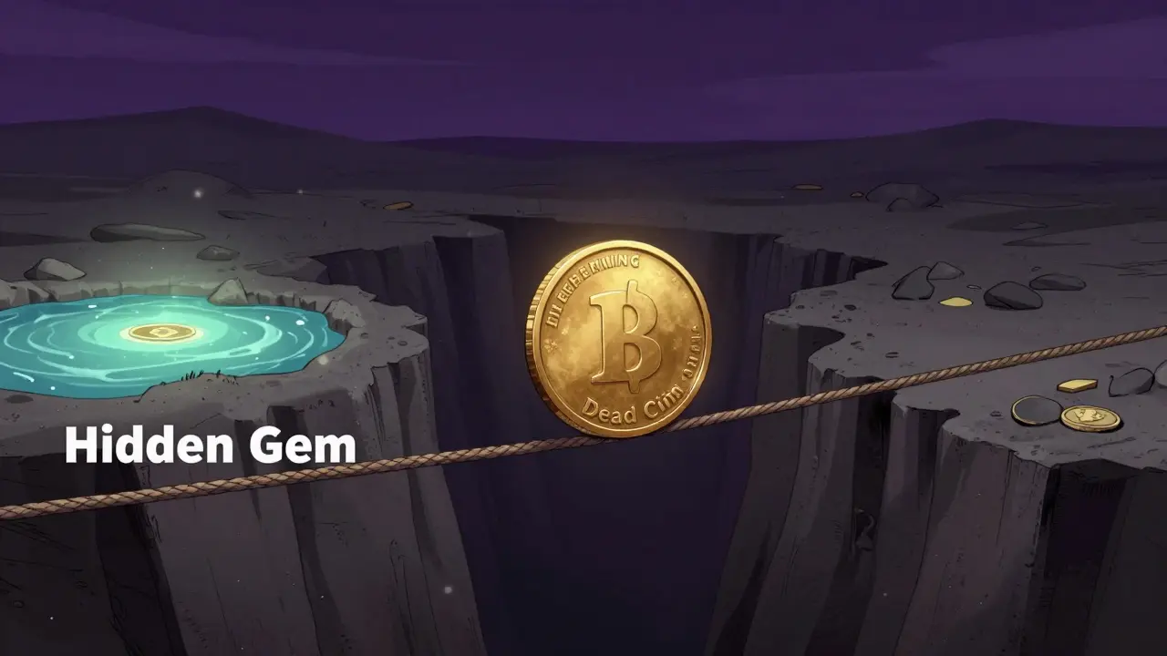 A golden token balancing on a tightrope between a lush oasis and a desolate wasteland.