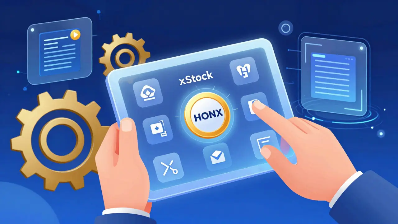 A hand holding a holographic tablet showing a portfolio of tokenized stocks in comic style.