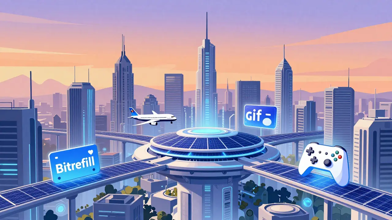 A high-tech city representing the Solar Network ecosystem and its utilities