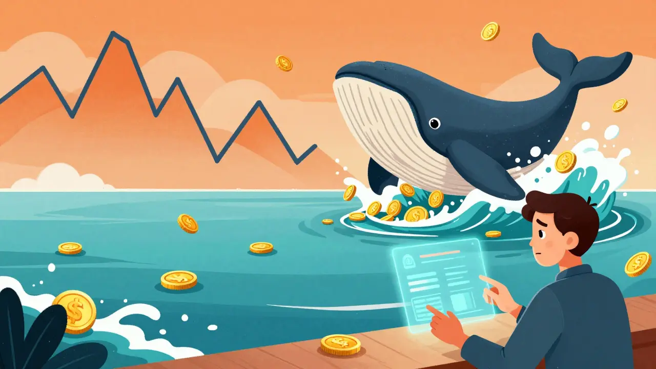 A large whale splashing into a pool of gold coins with a volatile price chart in comic style