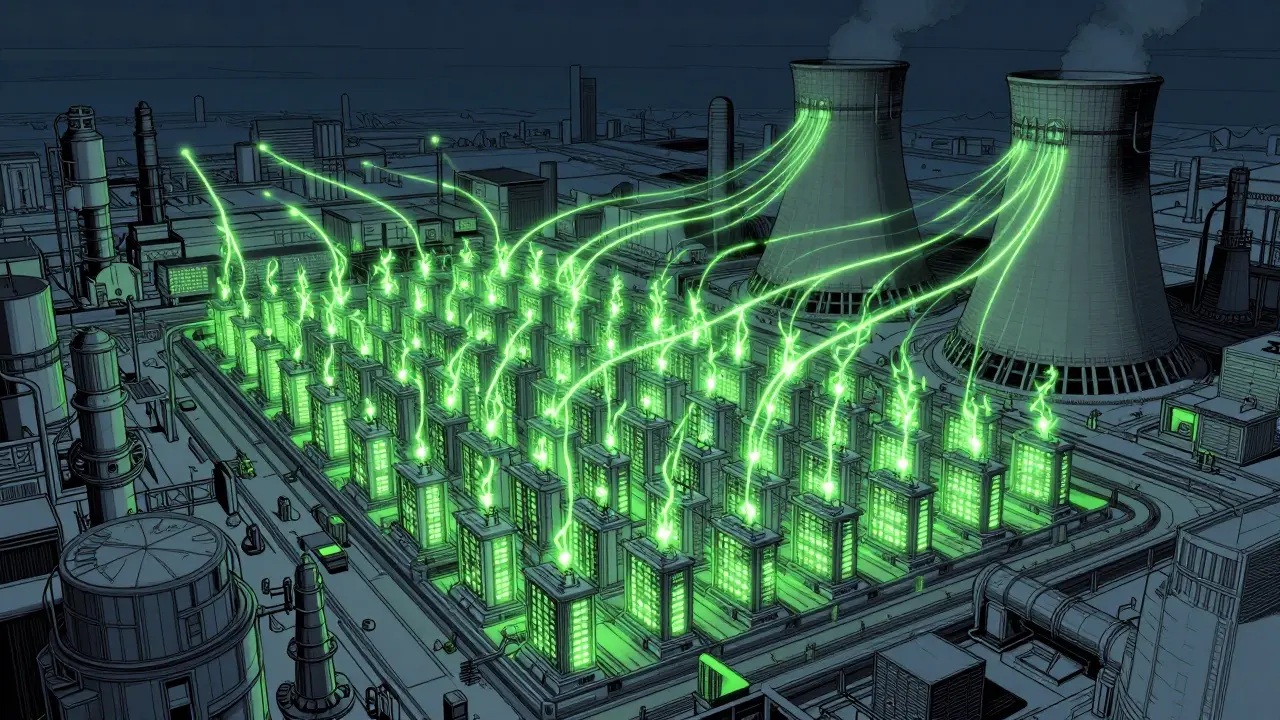 A massive industrial crypto mining farm connected to large power stations in bande dessinée style.