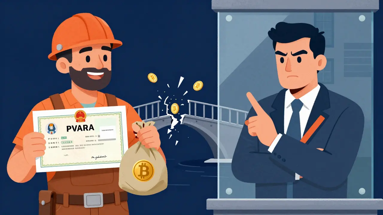 A miner with a legal license facing a rejecting bank manager in a split-screen comic illustration.