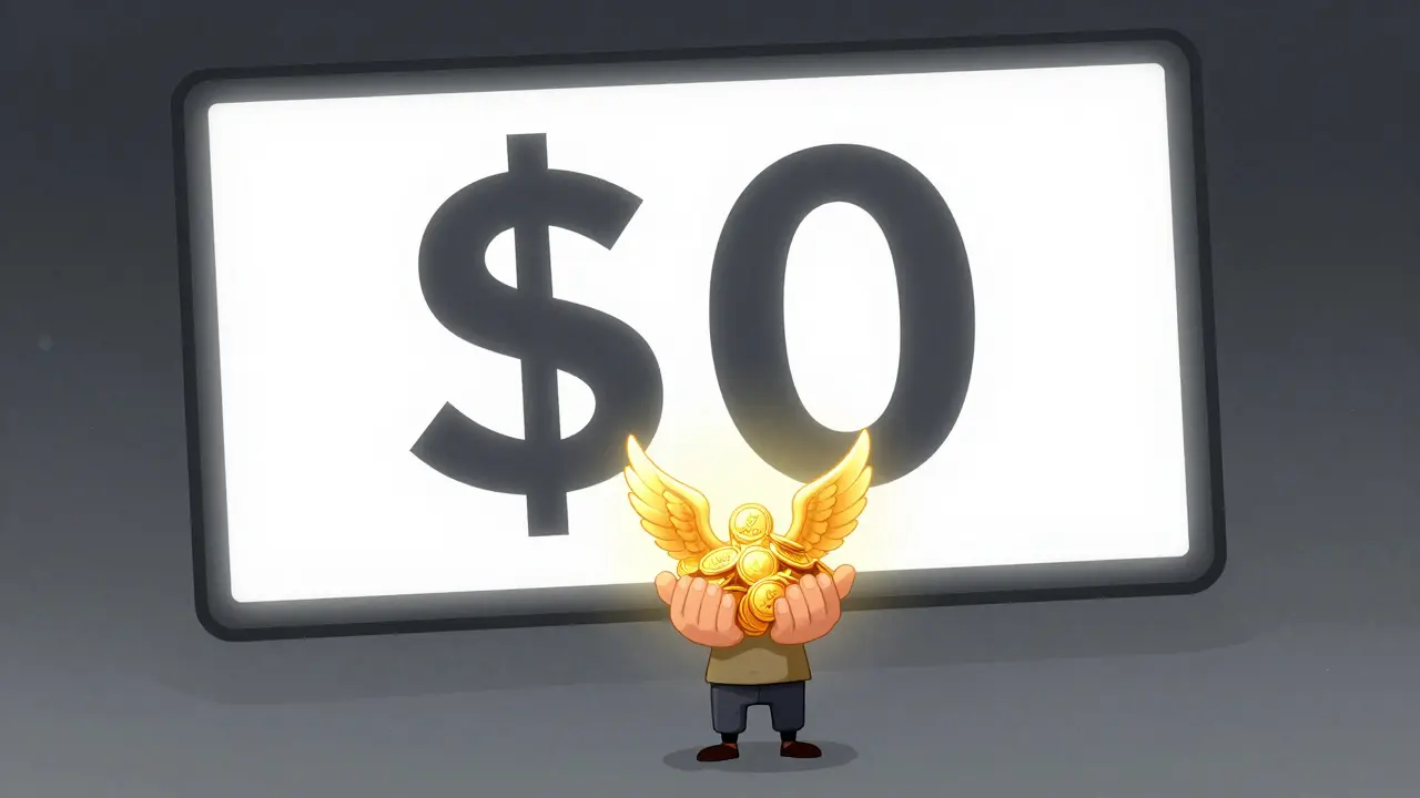 A person holding golden tokens in front of a large digital screen showing zero value.