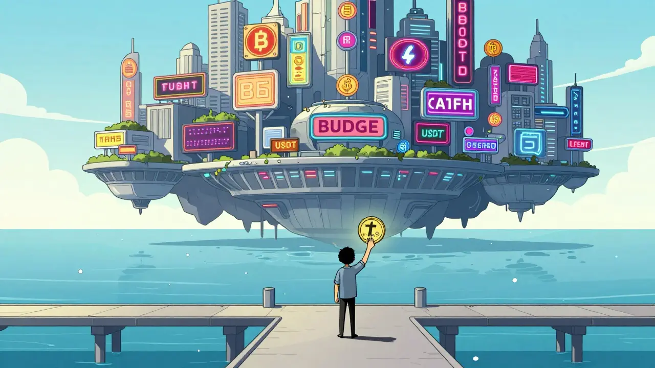 A person on a simple pier looking toward a futuristic city of many cryptocurrencies