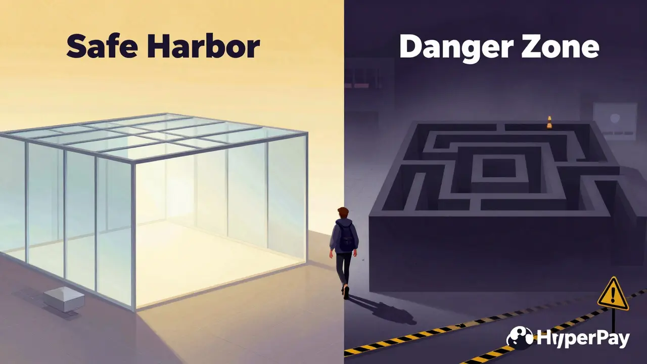 A person walking away from a dark, dangerous labyrinth toward a bright, transparent regulated exchange.