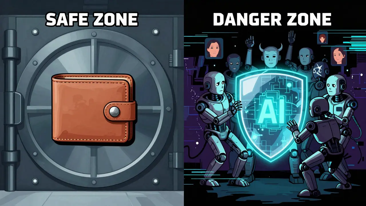 A secure digital vault contrasted with a robotic Sybil attacker being blocked