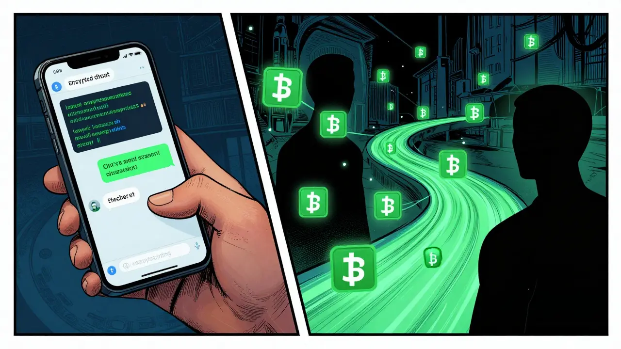 A split-screen showing encrypted chat apps and digital USDT flowing between anonymous figures.