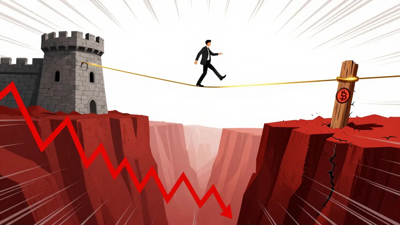 A trader balancing on a thin golden wire over a canyon of red financial charts.