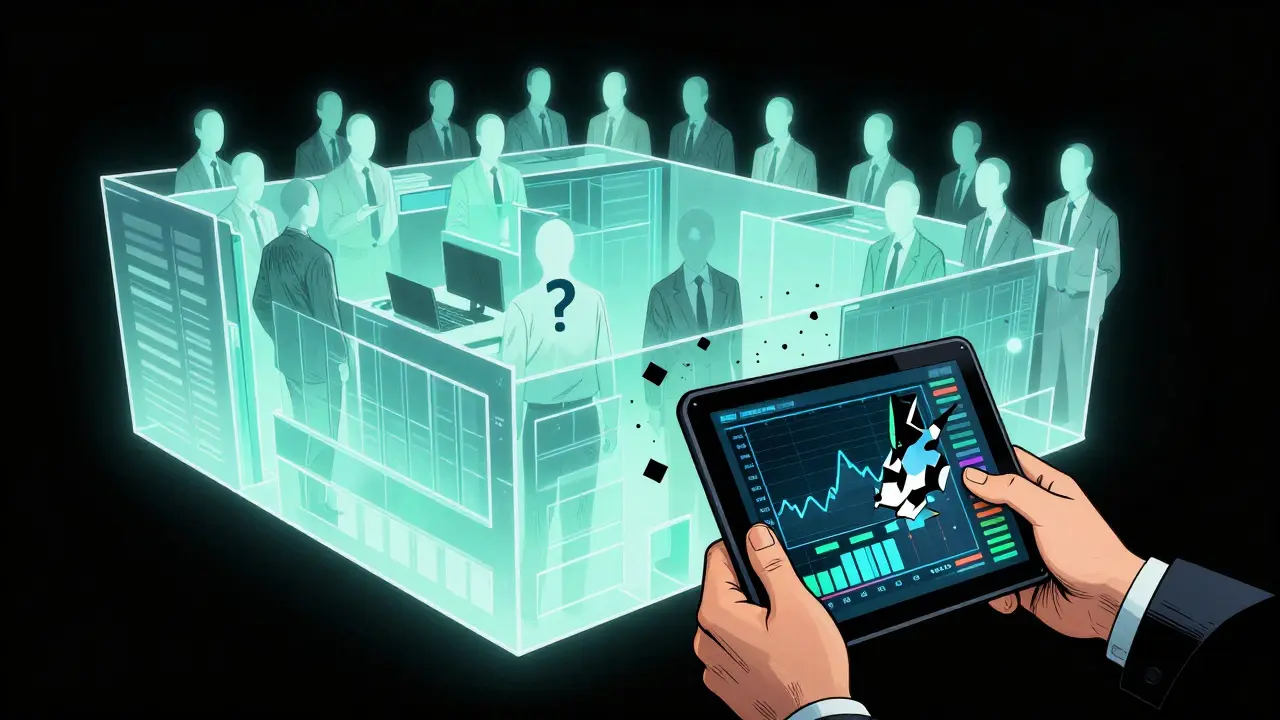 A translucent ghost office with faceless executives in a digital void.