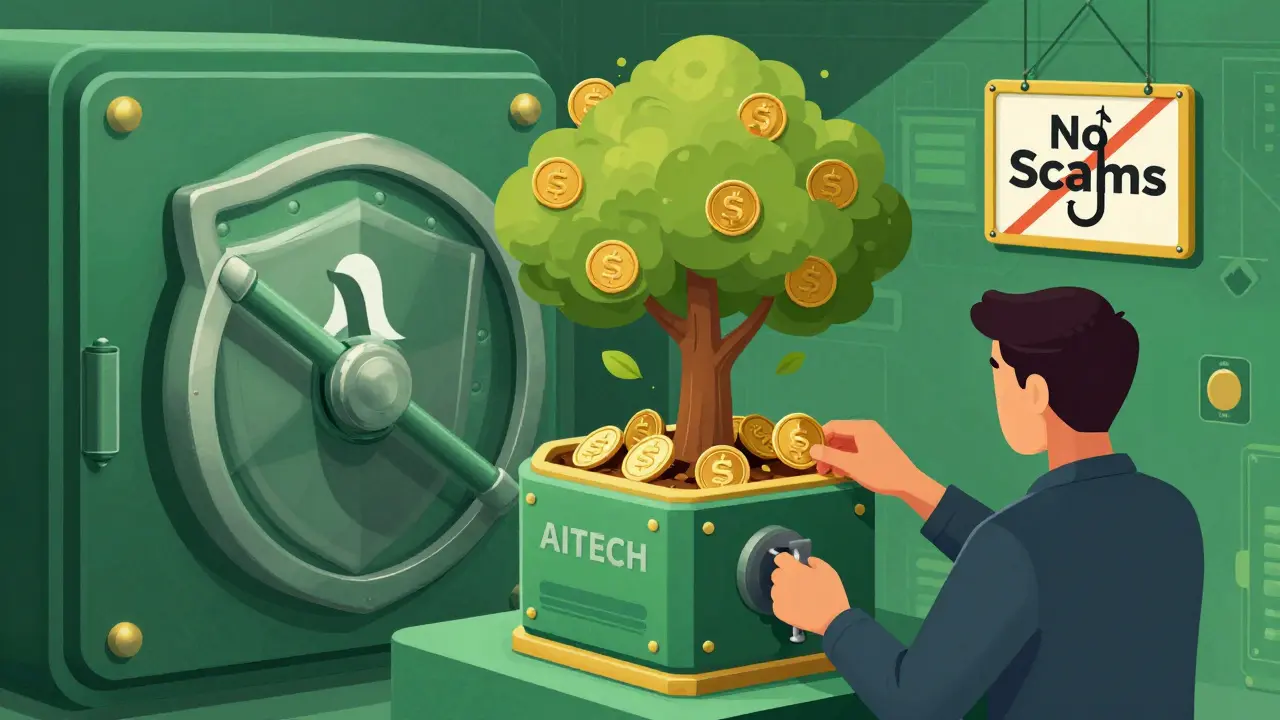 A user staking tokens in a digital vault to grow rewards and ensure security.