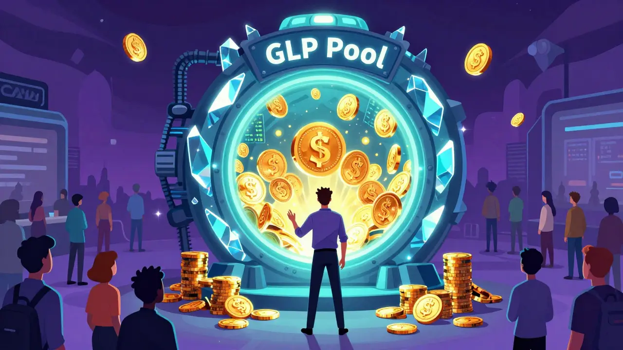 Bande dessinée artwork of a trader interacting with a large glowing GLP liquidity pool vault