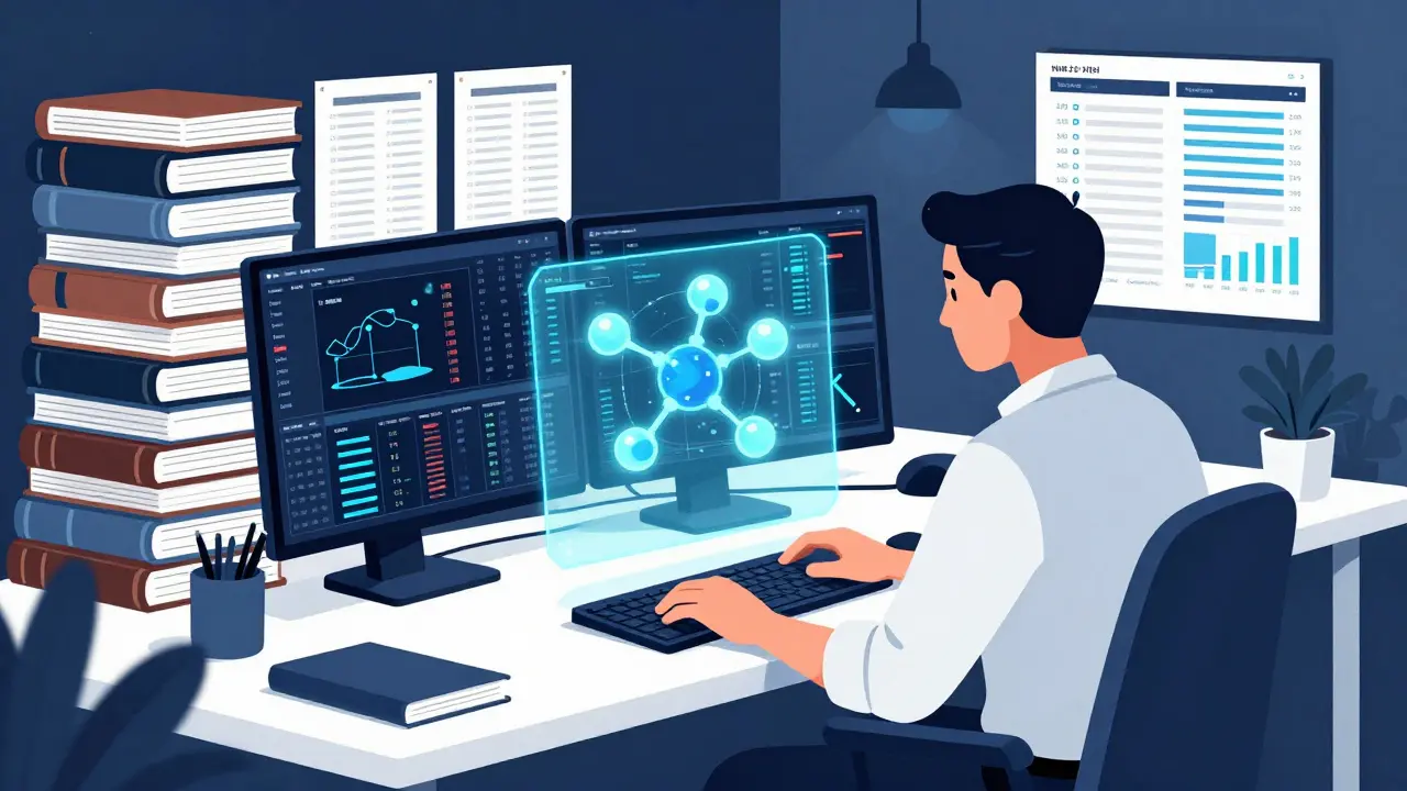 Bande dessinée style image of a tech professional working in a modern Portuguese office.