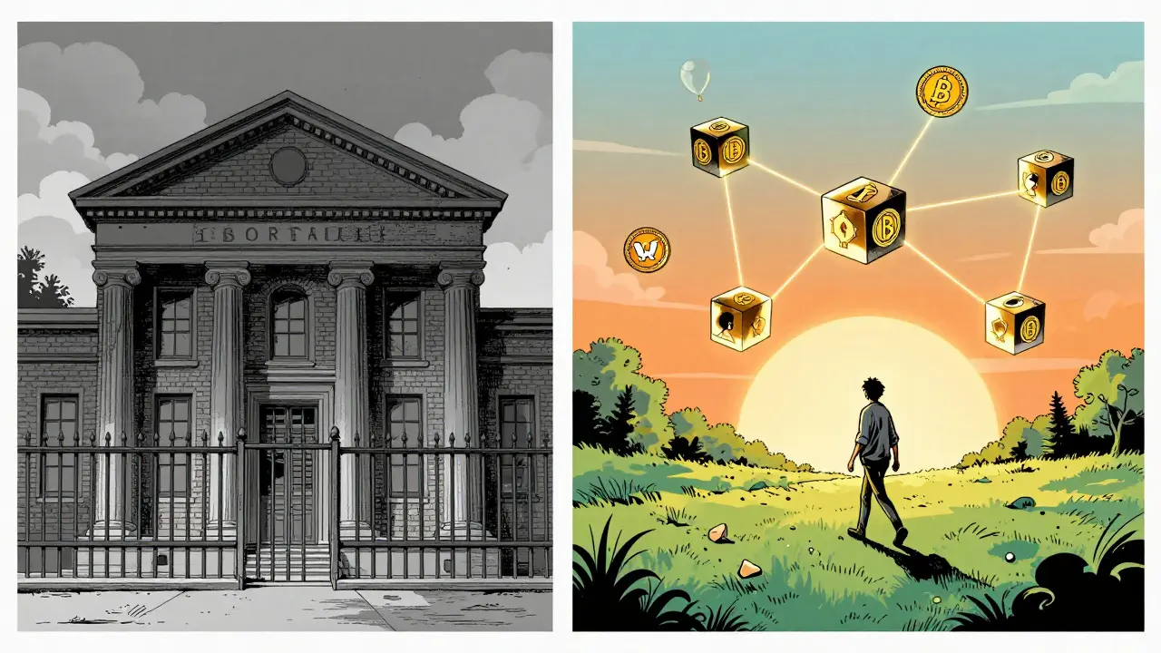 Comic art comparing a closed bank to an open blockchain network with glowing connections.