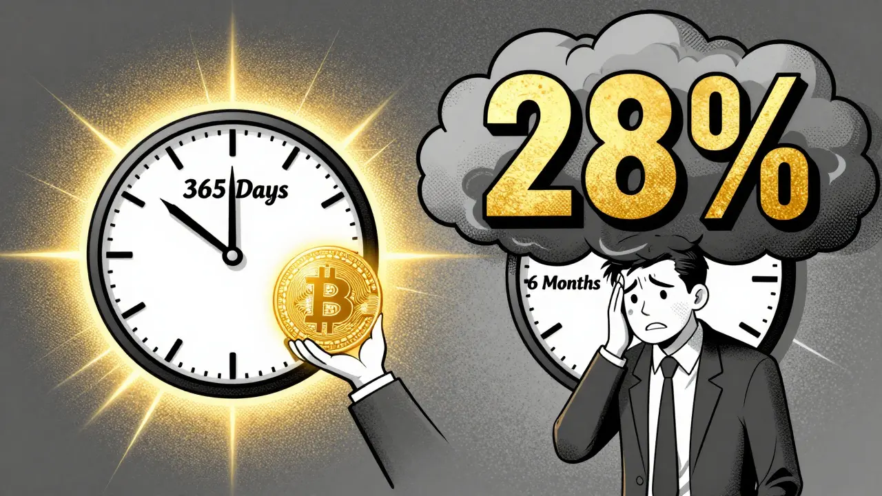 Comic art comparing the 0% tax for long-term holders versus 28% for short-term traders.