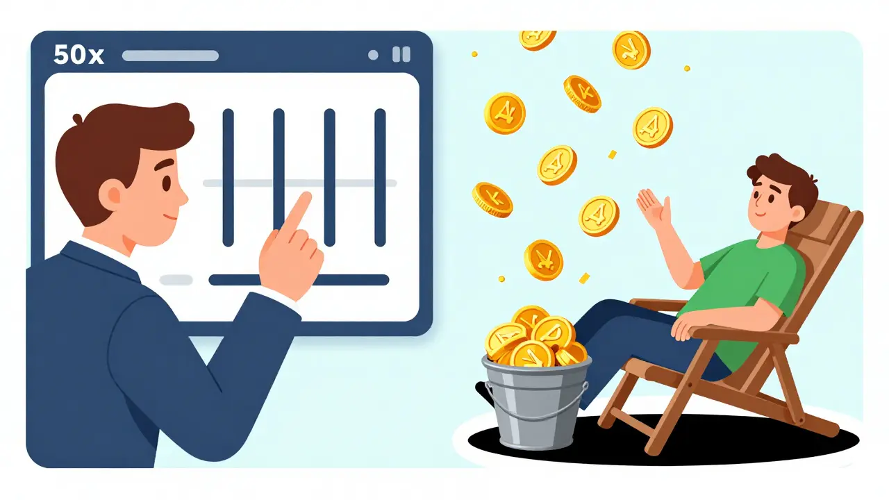 Comic split-screen showing a high-leverage trader and a passive investor earning rewards