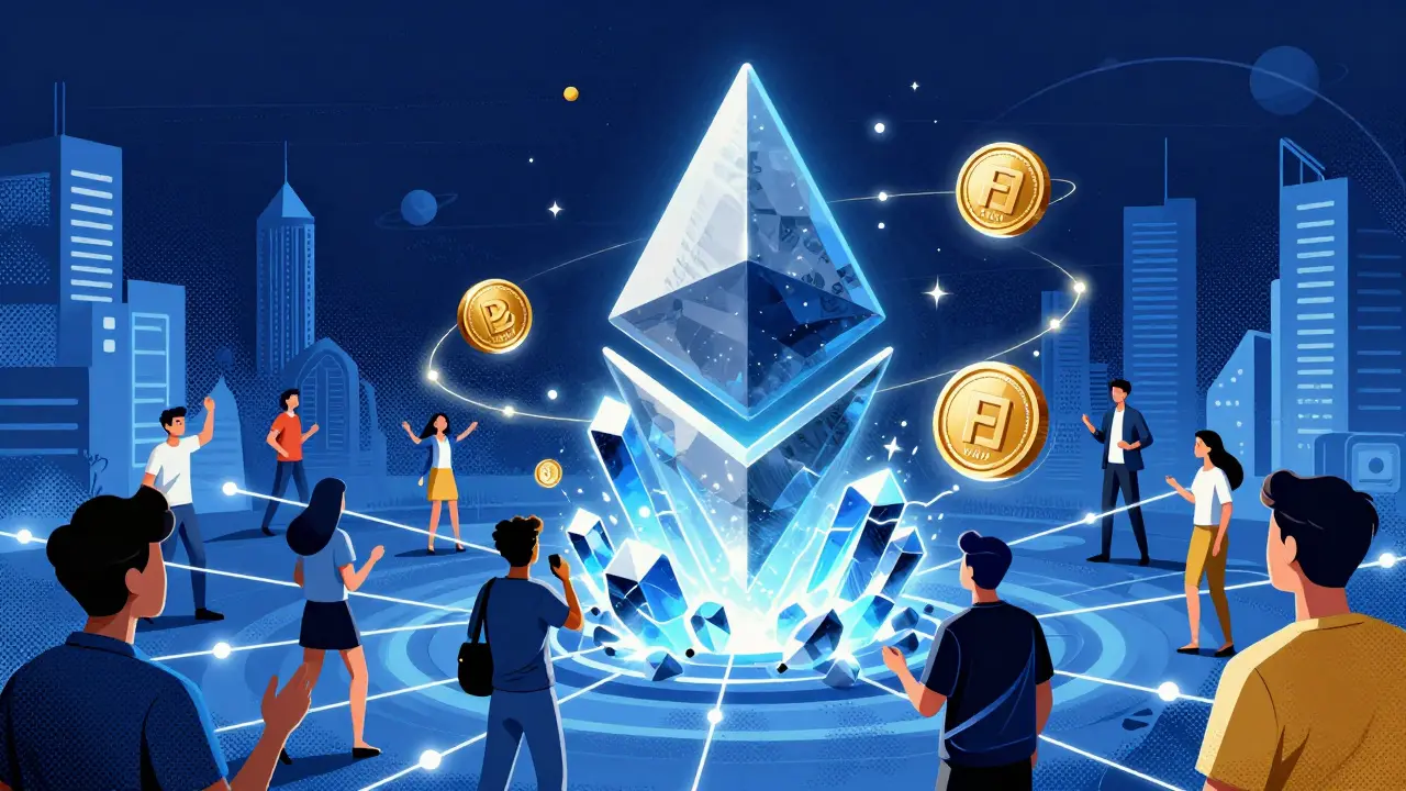 Community of people connected to a glowing Ethereum crystal and MARU coins in comic art