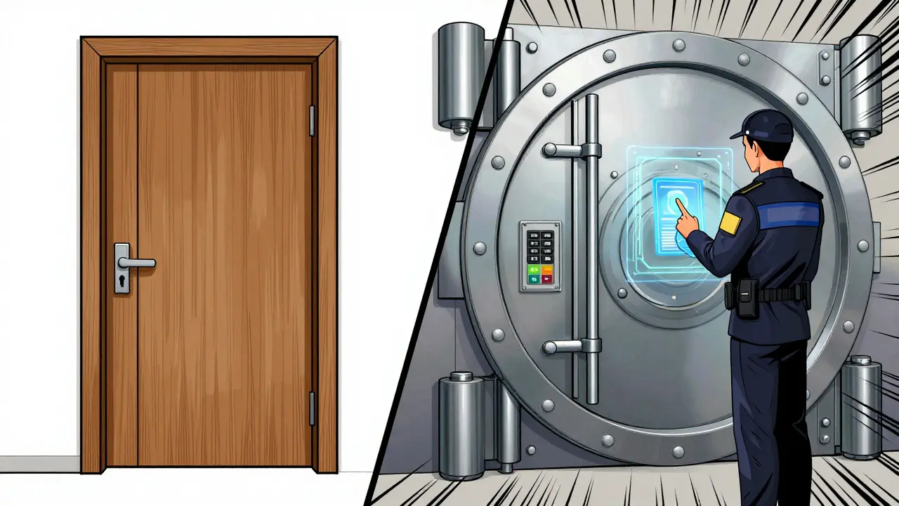 Comparison between a simple unlocked door and a high-security vault with a guard
