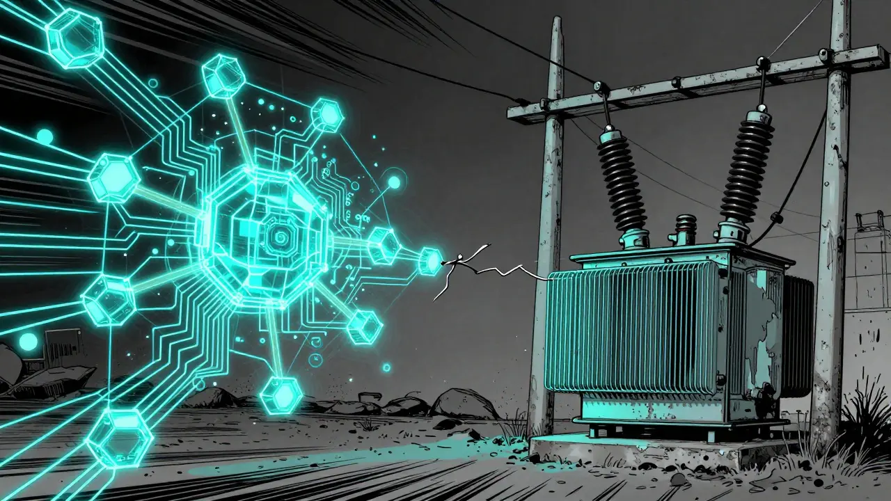 Conceptual art showing digital blockchain nodes straining a fragile electrical power grid.