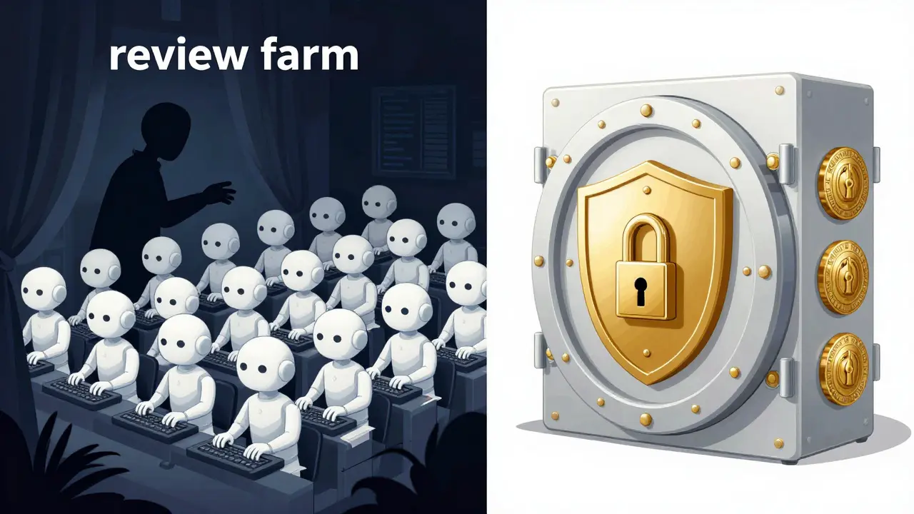 Contrast between a dark bot-run review farm and a secure, fortified digital vault.