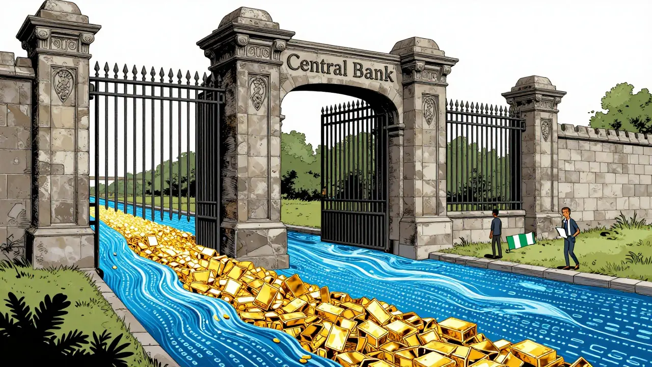 Digital currency flowing around a stone central bank wall to connect people globally