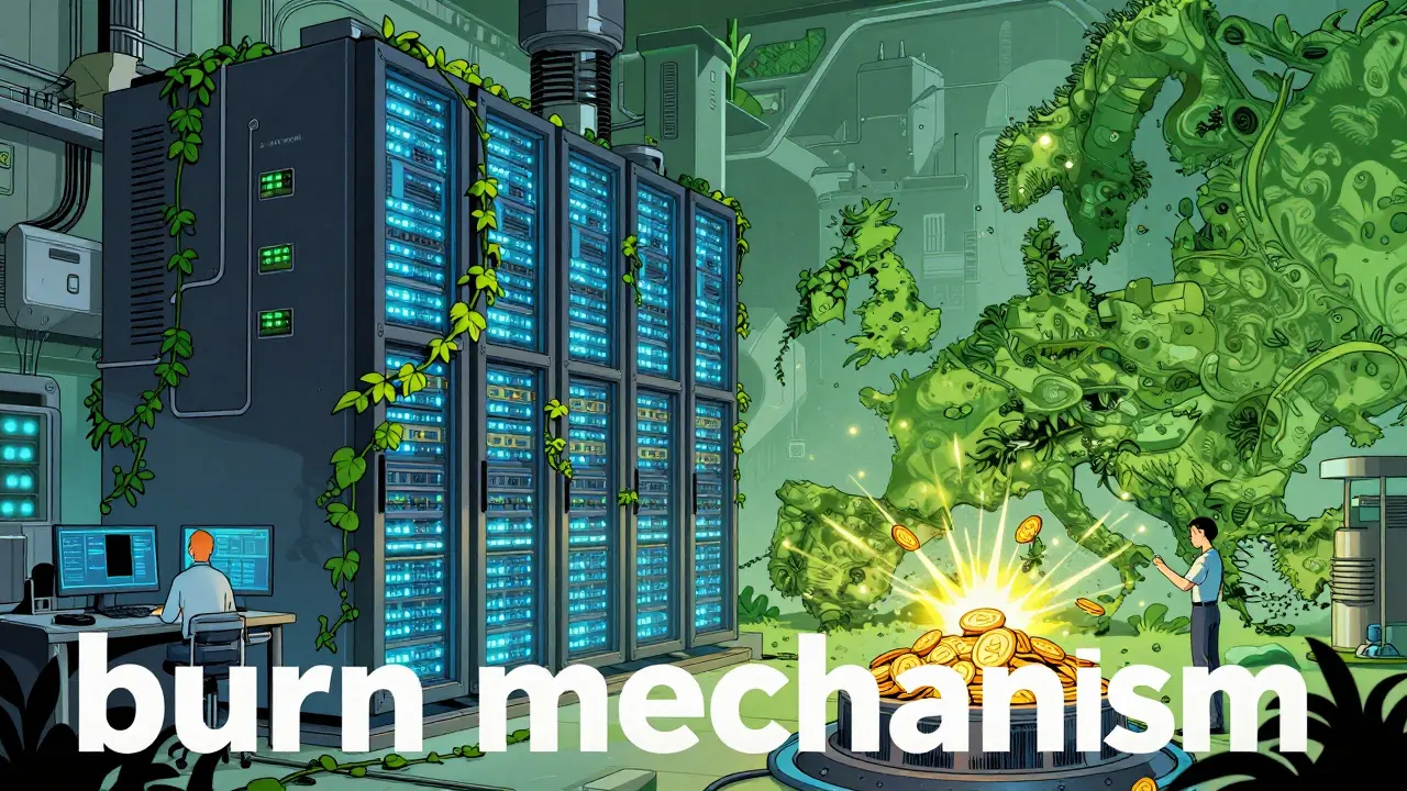 Eco-friendly high-performance computing data center with a token burning mechanism.