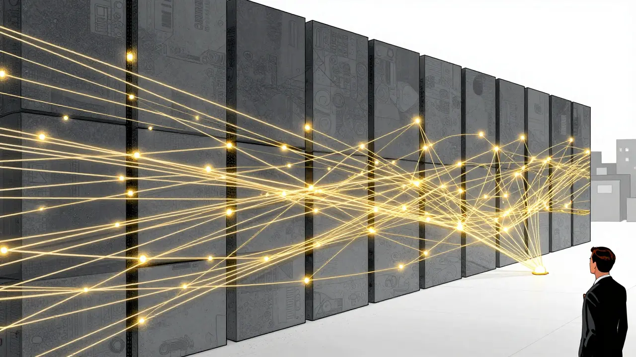 Glowing digital threads bypassing a massive wall to connect to a global network in a comic illustration.