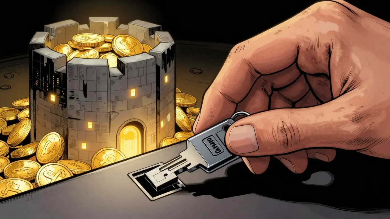 Hand inserting a hardware security key into a device to protect digital assets