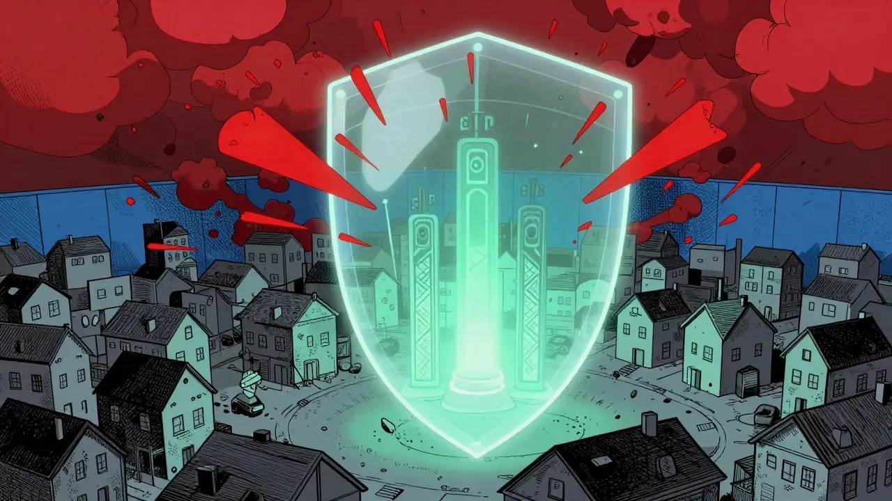 Illustration of a protective shield buffering financial assets from market storm clouds.