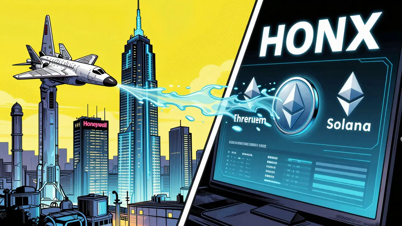 Illustration of aerospace technology and smart buildings alongside digital crypto tokens.