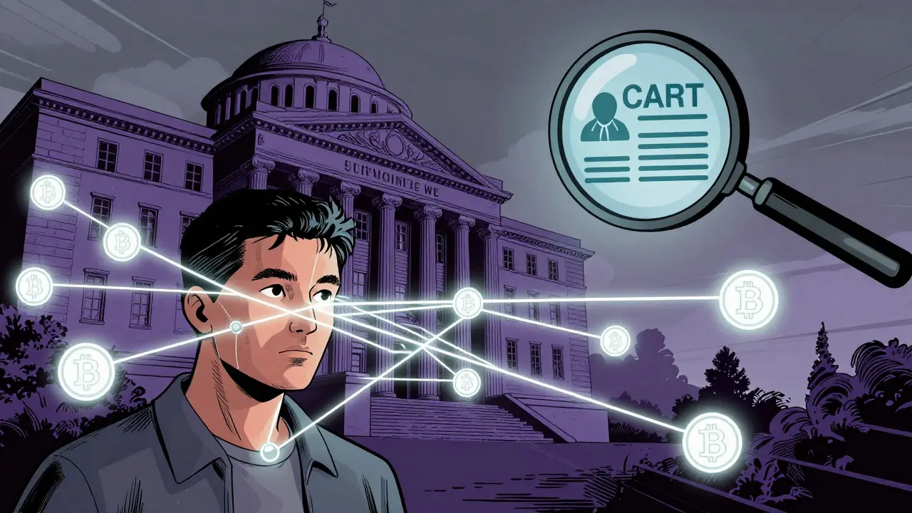 Metaphorical illustration of identity surveillance linking a person to their crypto transactions.