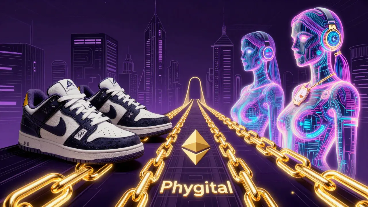 Physical items and their digital twins connected by a blockchain bridge.