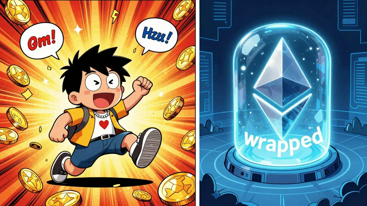 Split screen showing a chaotic meme coin scene and a professional Ethereum staking process.