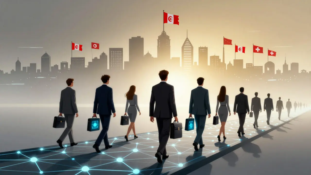 Tech professionals crossing a blockchain bridge from Tunisia toward crypto-friendly countries.