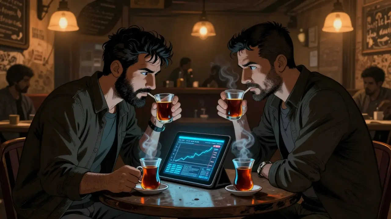 Two men secretly discussing cryptocurrency in a traditional Iraqi coffee shop.