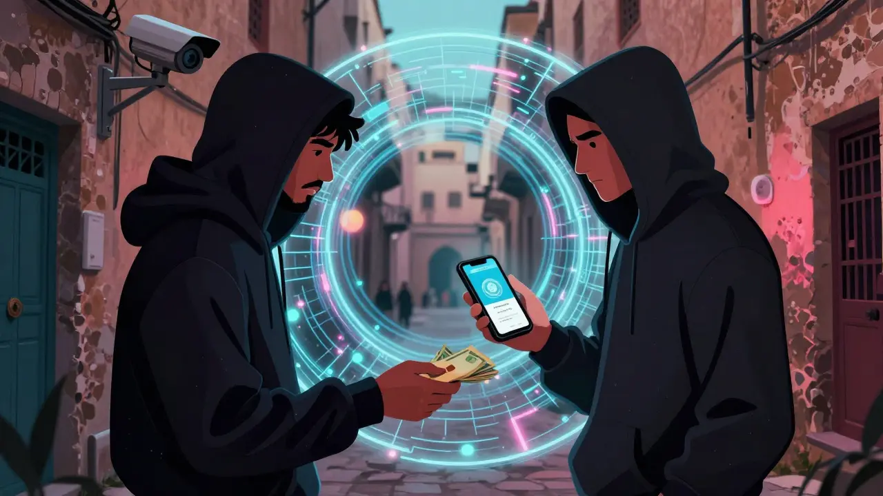 Two people exchanging cash for cryptocurrency in a dark alley with a digital VPN shield.
