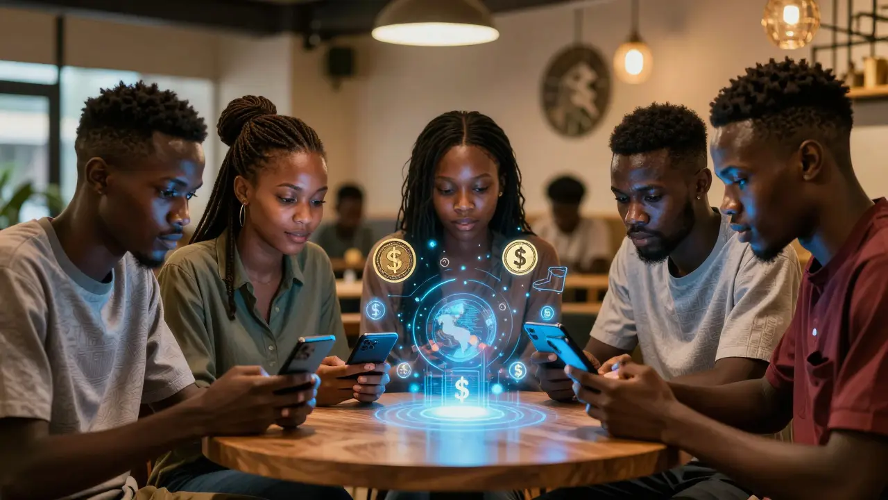 Young Nigerians using smartphones with holographic USDT and dollar signs floating around them