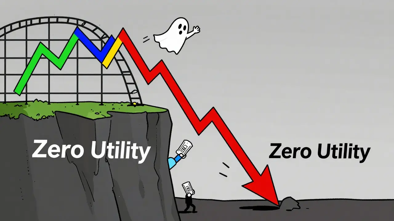 A crashing price chart leading to a cliff labeled Zero Utility in comic style