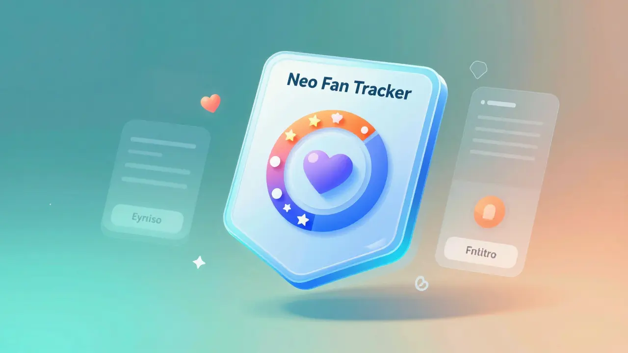 A holographic Neo Fan Tracker NFT badge showing loyalty metrics