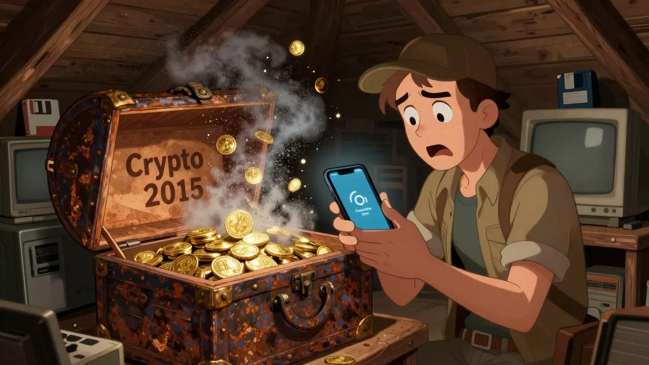 A treasure hunter finding only digital dust in a rusted crypto chest.