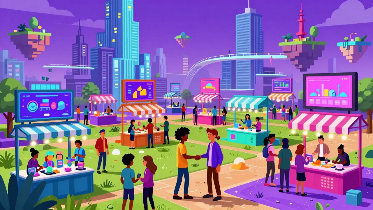 Cartoon avatars shopping and socializing in a vibrant, colorful metaverse marketplace.