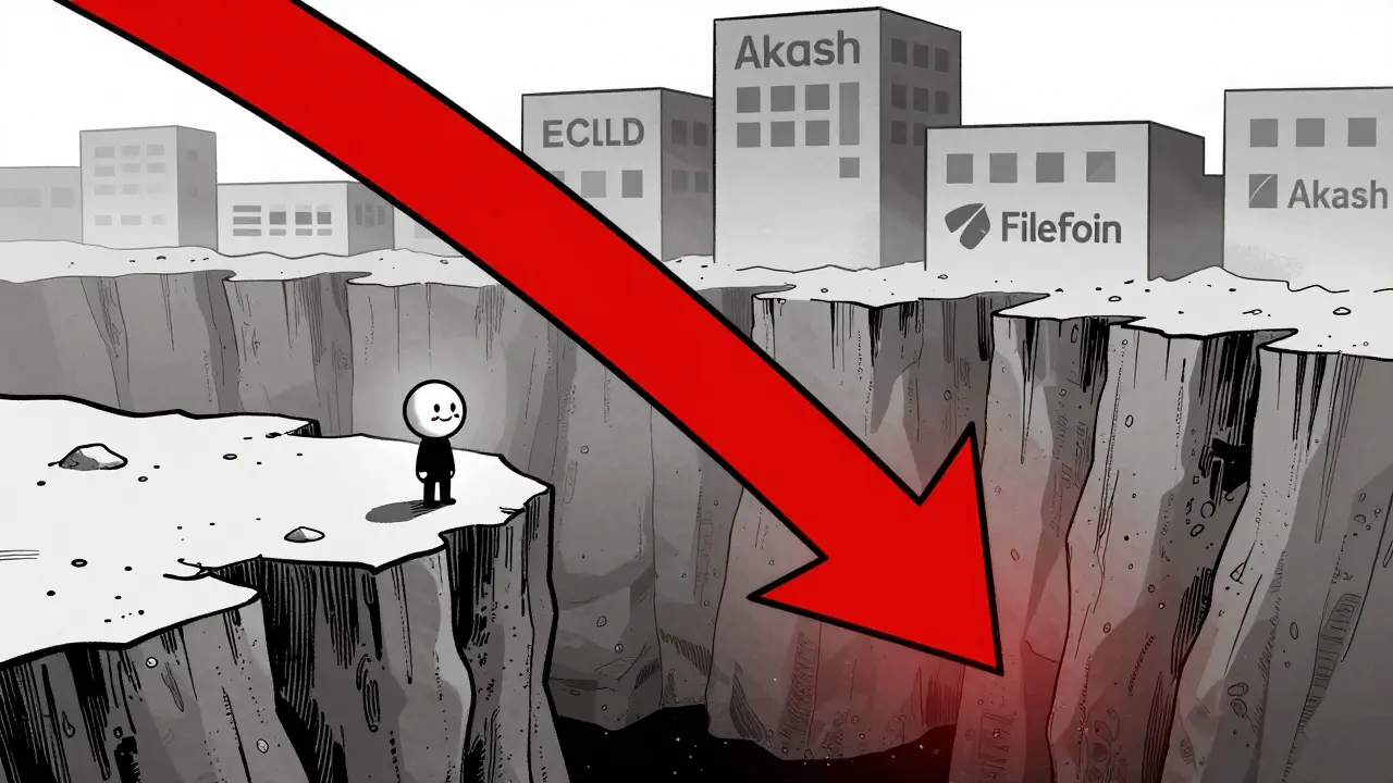 Cartoon character on cliff edge overlooking steep financial drop