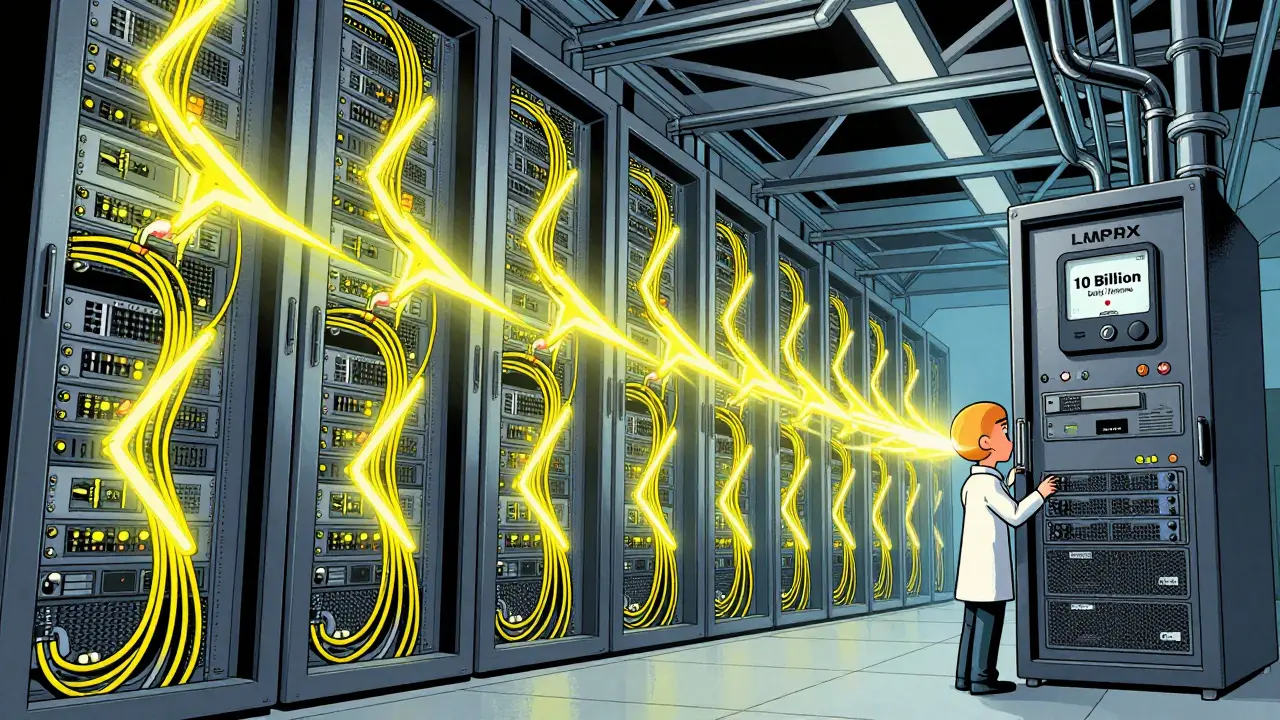 Cartoon depiction of high-speed servers and fiber optics in a data center.