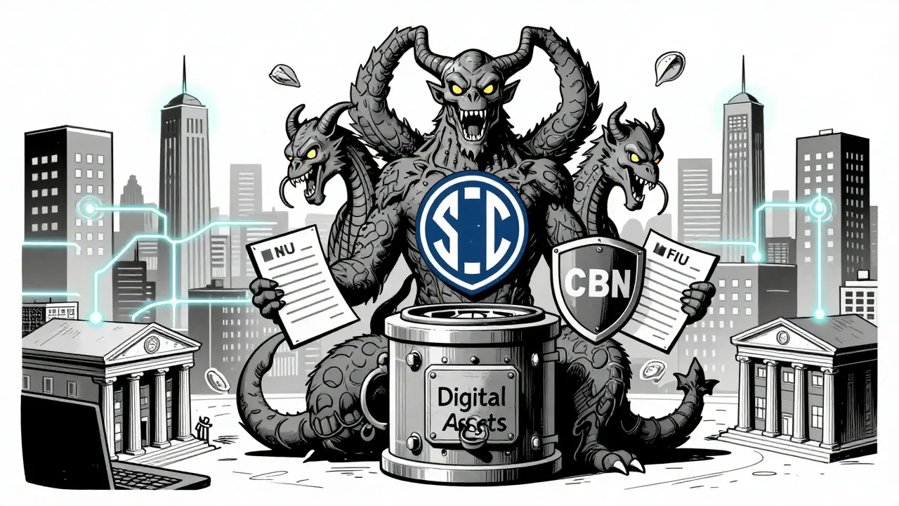 Cartoon regulators protecting digital assets in a secure cityscape